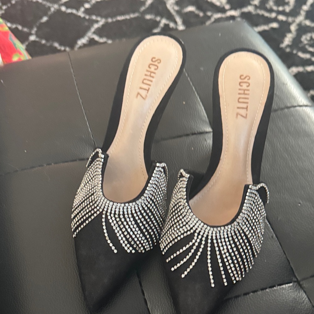 SCHUTZ Black Mules with Silver Embellishments